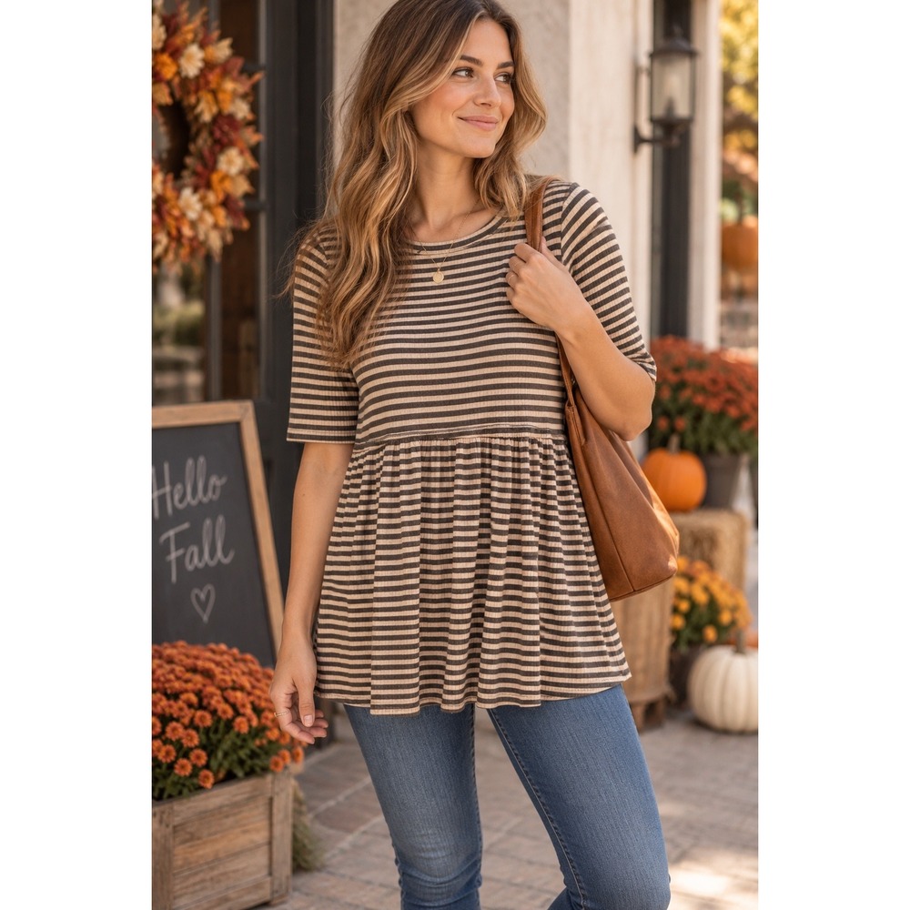 Easel Striped Babydoll Tunic Top Olive Tan Ribbed Knit Peplum Small